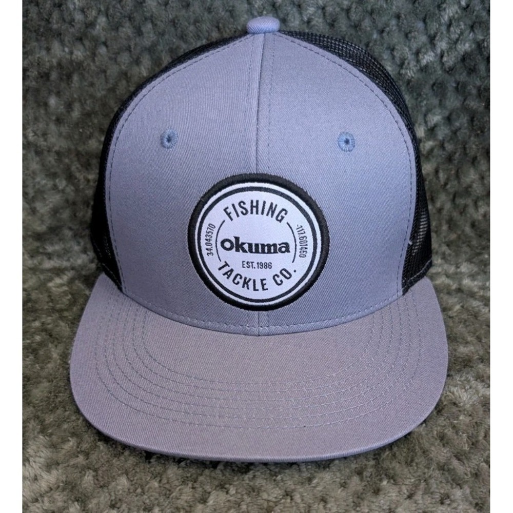 Okuma Tackle Co Hat Fishing Snapback Flat Bill Gray & Black Patch Cap
